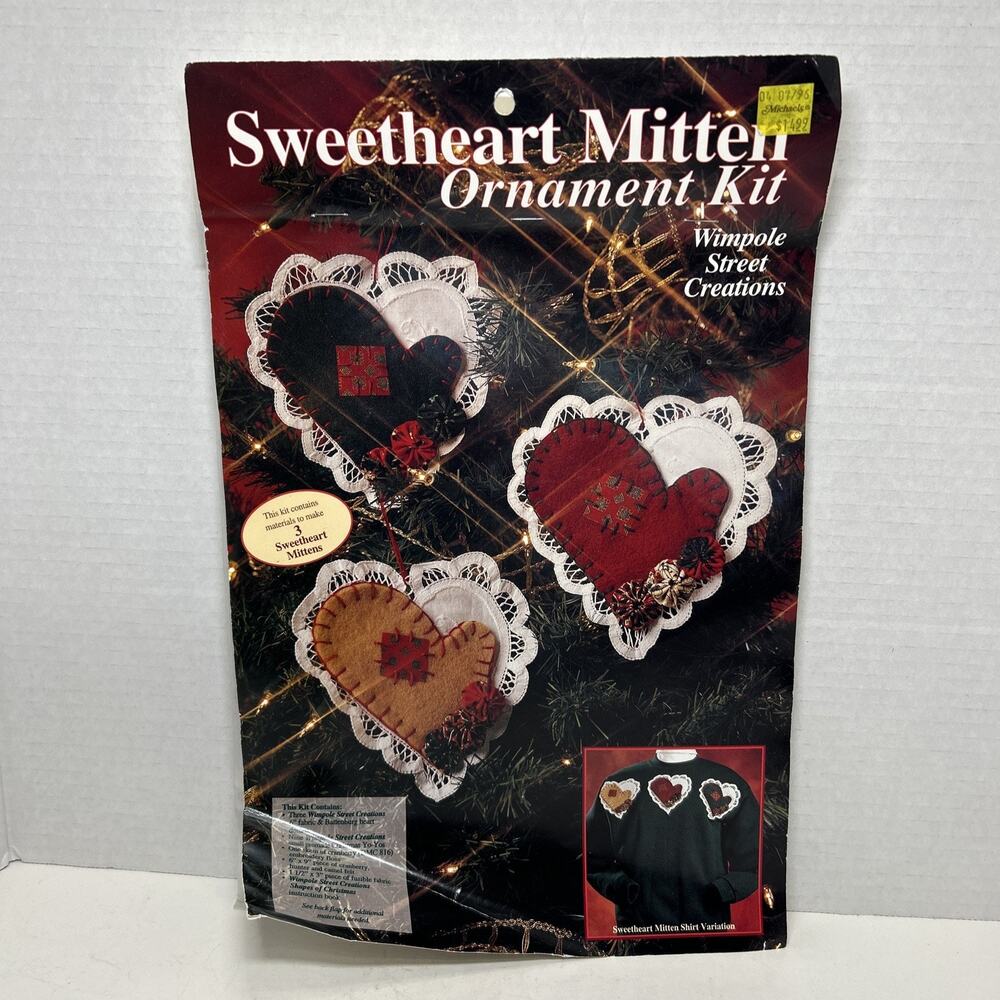 Vtg Sweetheart Mitten Christmas Ornament Applique Kit-Wimpole Street Creations